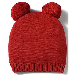 Babyhug 100% Cotton Knit Woollen Cap & Striped Mittens With Bear Embroidery Rust Orange - Diameter 10 cm