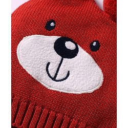 Babyhug 100% Cotton Knit Woollen Cap & Striped Mittens With Bear Embroidery Rust Orange - Diameter 10 cm