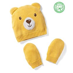 Babyhug 100% Cotton Knit Woollen Cap & Mittens With Bear Embroidery Yellow - Diameter 15 cm