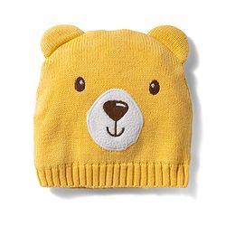 Babyhug 100% Cotton Knit Woollen Cap & Mittens With Bear Embroidery Yellow - Diameter 15 cm