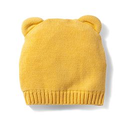 Babyhug 100% Cotton Knit Woollen Cap & Mittens With Bear Embroidery Yellow - Diameter 15 cm