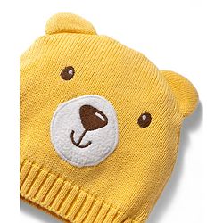 Babyhug 100% Cotton Knit Woollen Cap & Mittens With Bear Embroidery Yellow - Diameter 15 cm