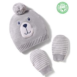 Babyhug 100% Cotton Knit Woollen Cap & Striped Mittens With Bear Embroidery Grey - Diameter 11 cm