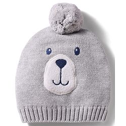 Babyhug 100% Cotton Knit Woollen Cap & Striped Mittens With Bear Embroidery Grey - Diameter 11 cm