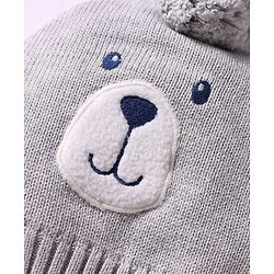 Babyhug 100% Cotton Knit Woollen Cap & Striped Mittens With Bear Embroidery Grey - Diameter 11 cm