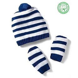 Babyhug 100% Cotton Knit Striped Woollen Cap & Mittens Navy Blue - Diameter 15 cm