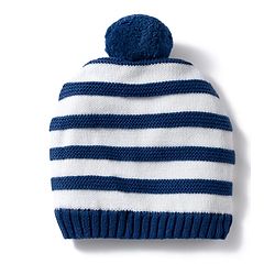 Babyhug 100% Cotton Knit Striped Woollen Cap & Mittens Navy Blue - Diameter 15 cm
