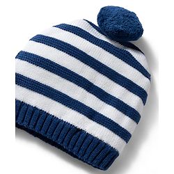 Babyhug 100% Cotton Knit Striped Woollen Cap & Mittens Navy Blue - Diameter 15 cm