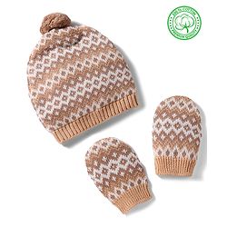 Babyhug 100% Cotton Knit Woollen Cap & Mittens With Geometric Design Beige- Diameter 10.5 cm