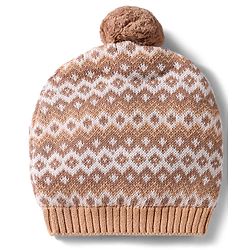 Babyhug 100% Cotton Knit Woollen Cap & Mittens With Geometric Design Beige- Diameter 10.5 cm