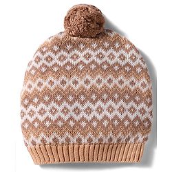 Babyhug 100% Cotton Knit Woollen Cap & Mittens With Geometric Design Beige- Diameter 10.5 cm