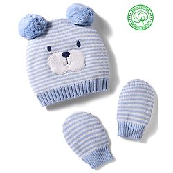 Babyhug 100% Cotton Knit Woollen Cap & Striped Mittens With Bear Embroidery Light Blue - Diameter 10 cm