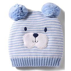 Babyhug 100% Cotton Knit Woollen Cap & Striped Mittens With Bear Embroidery Light Blue - Diameter 10 cm
