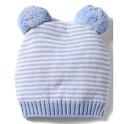 Babyhug 100% Cotton Knit Woollen Cap & Striped Mittens With Bear Embroidery Light Blue - Diameter 10 cm