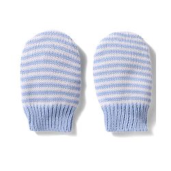 Babyhug 100% Cotton Knit Woollen Cap & Striped Mittens With Bear Embroidery Light Blue - Diameter 10 cm