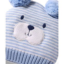 Babyhug 100% Cotton Knit Woollen Cap & Striped Mittens With Bear Embroidery Light Blue - Diameter 10 cm