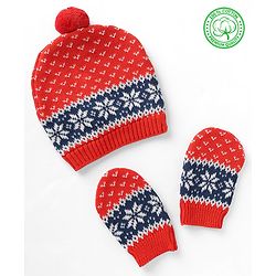 Babyhug Organic 100% Cotton Knit Woollen Cap & Mittens With Floral Design Red- Diameter 12 cm