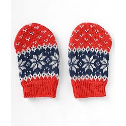 Babyhug Organic 100% Cotton Knit Woollen Cap & Mittens With Floral Design Red- Diameter 12 cm