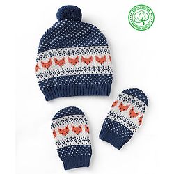 Babyhug Organic 100% Cotton Knit Woollen Cap & Mittens With Heart Design Navy Blue - Diameter 12 cm