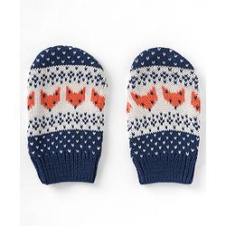 Babyhug Organic 100% Cotton Knit Woollen Cap & Mittens With Heart Design Navy Blue - Diameter 12 cm