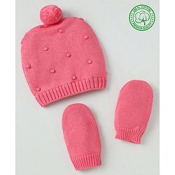 Babyhug Organic 100% Cotton Knit Woollen Caps and Set With Polka Design Pink - Diameter 14 cm