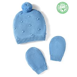 Babyhug 100% Cotton Knit Woollen Cap & Mittens Set With Embroidery Light Blue - Diameter 13.5 cm