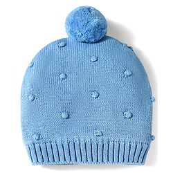 Babyhug 100% Cotton Knit Woollen Cap & Mittens Set With Embroidery Light Blue - Diameter 13.5 cm