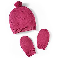Babyhug 100% Cotton Knit Woollen Cap & Mittens Set With Embroidery Wine - Diameter 14 cm