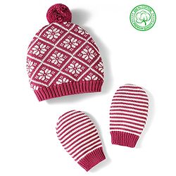 Babyhug 100% Cotton Knit Woollen Cap & Mittens Set With Floral Design Wine - Diameter 14.5 cm