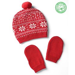 Babyhug Organic 100% Cotton Knit Woollen Cap & Mittens With Floral Design Red - Diameter 11 cm