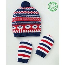 Babyhug Organic 100% Cotton Knit Woollen Caps and Sets With Geometric Design Navy Blue - Diameter 14 cm