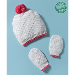 Babyhug 100% Cotton Knit Woollen Cap & Mittens White - Diameter 15 cm