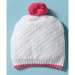 Babyhug 100% Cotton Knit Woollen Cap & Mittens White - Diameter 15 cm