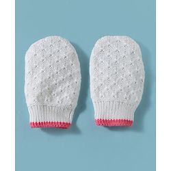 Babyhug 100% Cotton Knit Woollen Cap & Mittens White - Diameter 15 cm