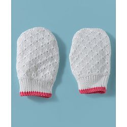 Babyhug 100% Cotton Knit Woollen Cap & Mittens White - Diameter 15 cm
