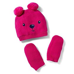 Babyhug 100% Cotton Knit Woollen Cap & Mittens With Bear Embroidery Fuchsia - Diameter 15 cm