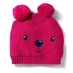 Babyhug 100% Cotton Knit Woollen Cap & Mittens With Bear Embroidery Fuchsia - Diameter 15 cm