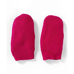 Babyhug 100% Cotton Knit Woollen Cap & Mittens With Bear Embroidery Fuchsia - Diameter 15 cm