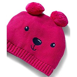 Babyhug 100% Cotton Knit Woollen Cap & Mittens With Bear Embroidery Fuchsia - Diameter 15 cm
