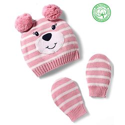 Babyhug 100% Cotton Knit Woollen Striped Cap & Mittens With Bear Embroidery Pink - Diameter 11 cm