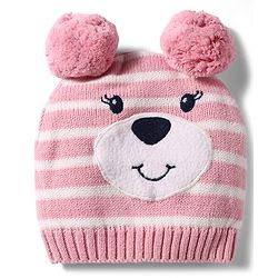 Babyhug 100% Cotton Knit Woollen Striped Cap & Mittens With Bear Embroidery Pink - Diameter 11 cm