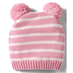 Babyhug 100% Cotton Knit Woollen Striped Cap & Mittens With Bear Embroidery Pink - Diameter 11 cm
