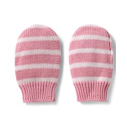 Babyhug 100% Cotton Knit Woollen Striped Cap & Mittens With Bear Embroidery Pink - Diameter 11 cm