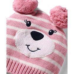 Babyhug 100% Cotton Knit Woollen Striped Cap & Mittens With Bear Embroidery Pink - Diameter 11 cm