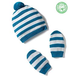 Babyhug 100% Cotton Knit Striped Woollen Cap Mittens & Booties Set Blue - Diameter 15 cm