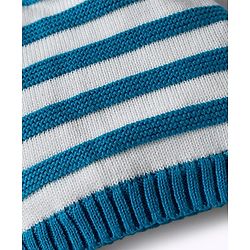 Babyhug 100% Cotton Knit Striped Woollen Cap Mittens & Booties Set Blue - Diameter 15 cm