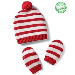 Babyhug 100% Cotton Knit Woollen Striped Cap & Mittens Red & White - Diameter 11 cm