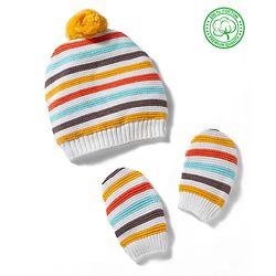 Babyhug 100% Cotton Knit Striped Woollen Cap & Mittens Multicolor - Diameter 15 cm
