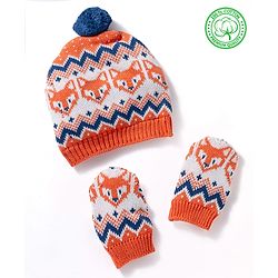 Babyhug 100% Cotton Sweater Knit Woollen Cap & Mittens With Fox Design Orange - Diameter 15 cm