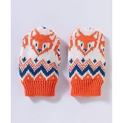 Babyhug 100% Cotton Sweater Knit Woollen Cap & Mittens With Fox Design Orange - Diameter 15 cm